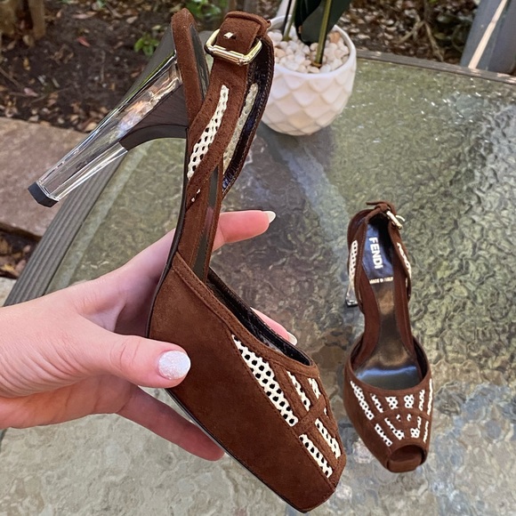 Fendi Brown Suede Peep Toe Mesh Clear Lucite Heels - Picture 3 of 16